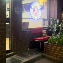 画像をギャラリービューアに読み込む, 少し奥まったところにあるヘアサロンに設置された、ネオンサインロゴを外観から見た様子